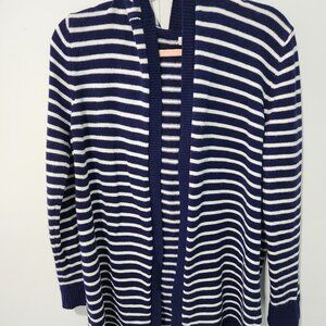 Honey Belle Women's Navy Blue/White Ribbed Hooded Long Knit Cardigan-Medium